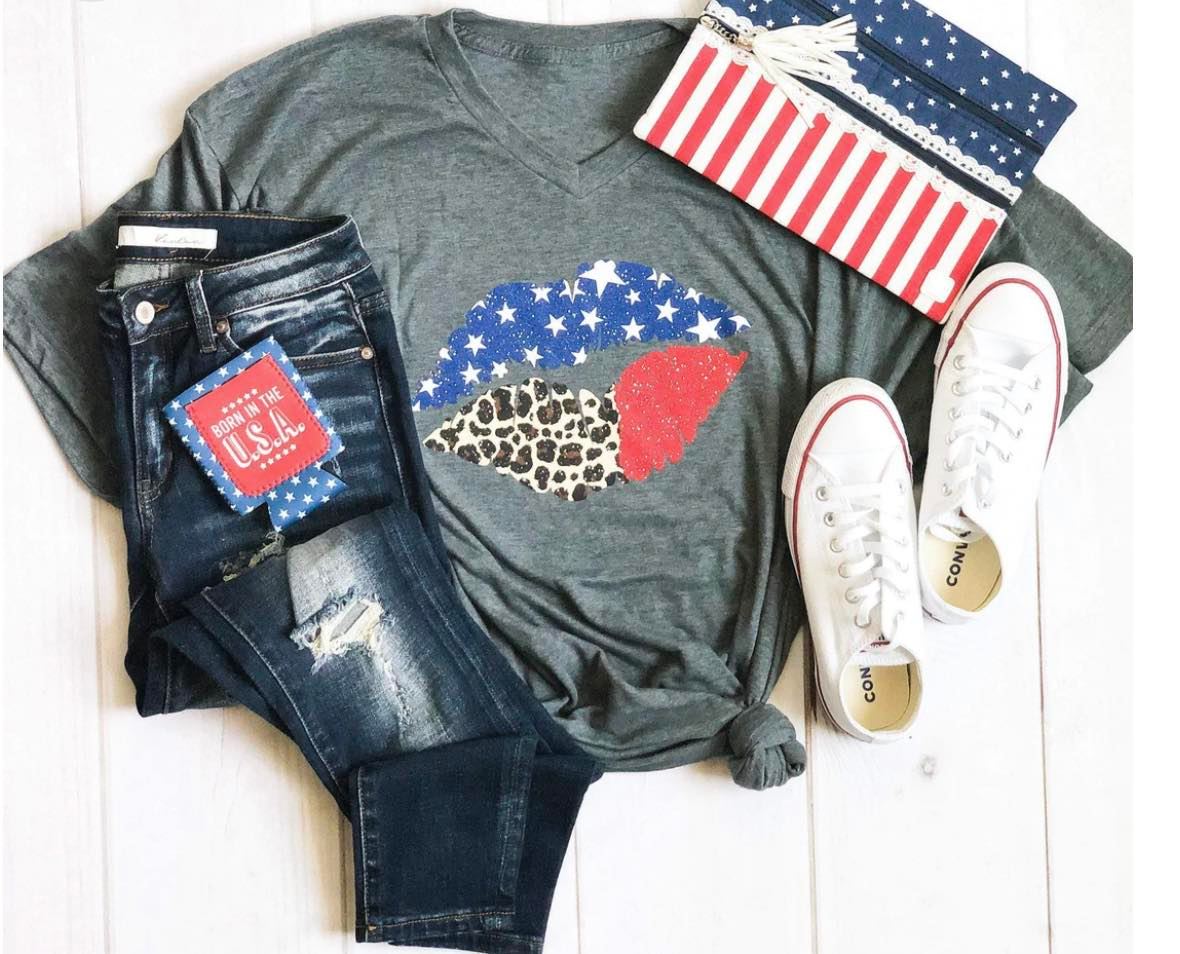 American Flag Leopard Lips Tee
