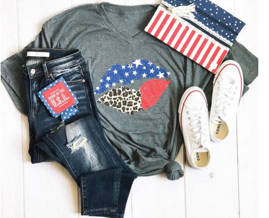 American Flag Leopard Lips Tee